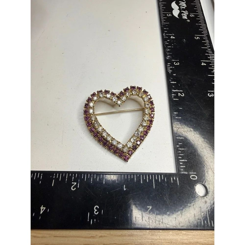Joseph Warner Vintage Rhinestone Heart Brooch Purple Clear Gold Tone Pin